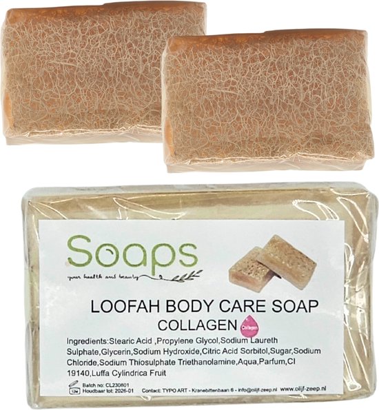 Zeeptabletten - 2x Loofah Collagen Zeep - Collageen Pompoen vezel - Handmade - 100% Natuurlijk - Voor lichaam - Gezicht - Haar - Handzeep - Badzeep Met spons