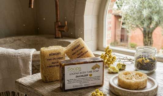 2x Loofah Zeep met Pompoenvezel – Zwavel Olijfzeep.com