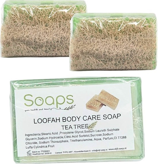 Zeeptabletten 2x Loofah Tea Tree Zeep - Pompoen vezel - Handmade - 100% Natuurlijk - Voor lichaam - Gezicht - Haar - Handzeep - Badzeep Met spons