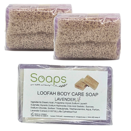 Zeeptabletten - 2x Loofah Lavender Zeep - Lavendel Pompoen vezel - Handmade - 100% Natuurlijk - Voor lichaam - Gezicht - Haar - Handzeep - Badzeep Met spons