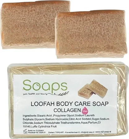 2x Loofah Zeep met Pompoenvezel – Collageen Olijfzeep.com