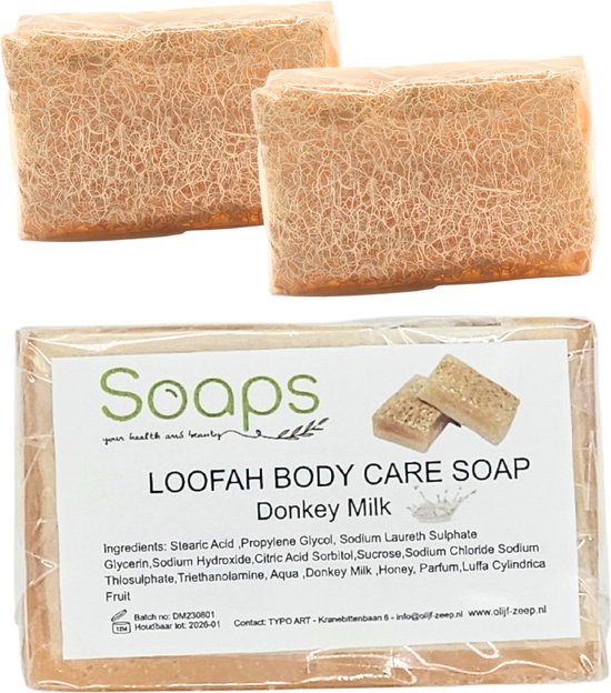 Zeeptabletten - 2x Loofah Ezelinnenmelk Zeep - Donkey milk Pompoen vezel - Handmade - 100% Natuurlijk - Voor lichaam - Gezicht - Haar - Handzeep - Badzeep Met spons