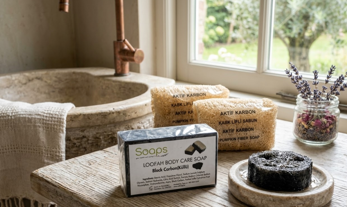 2x Loofah Zeep met Pompoenvezel – Black Carbon Olijfzeep.com
