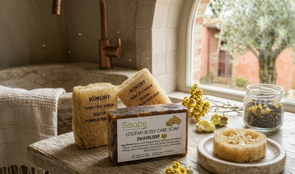 2x Loofah Zeep met Pompoenvezel – Zwavel Olijfzeep.com