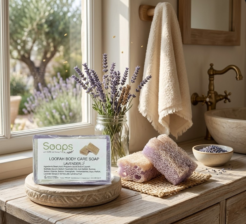 2x Loofah Zeep met Pompoenvezel – Lavendel Olijfzeep.com