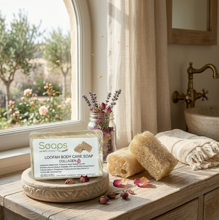 2x Loofah Zeep met Pompoenvezel – Collageen Olijfzeep.com
