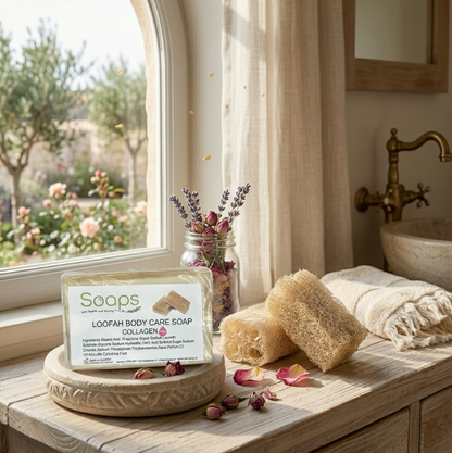 2x Loofah Zeep met Pompoenvezel – Collageen Olijfzeep.com