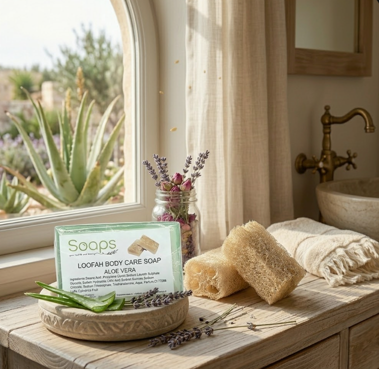 2x Loofah Zeep met Pompoenvezel – Aloe Vera Olijfzeep.com