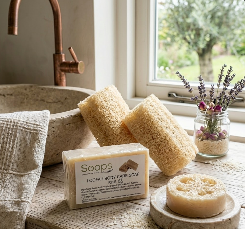 2x Loofah Zeep met Pompoenvezel – Rijst Olijfzeep.com