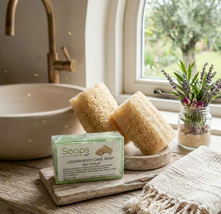 2x Loofah Zeep met Pompoenvezel – Tea Tree Olijfzeep.com