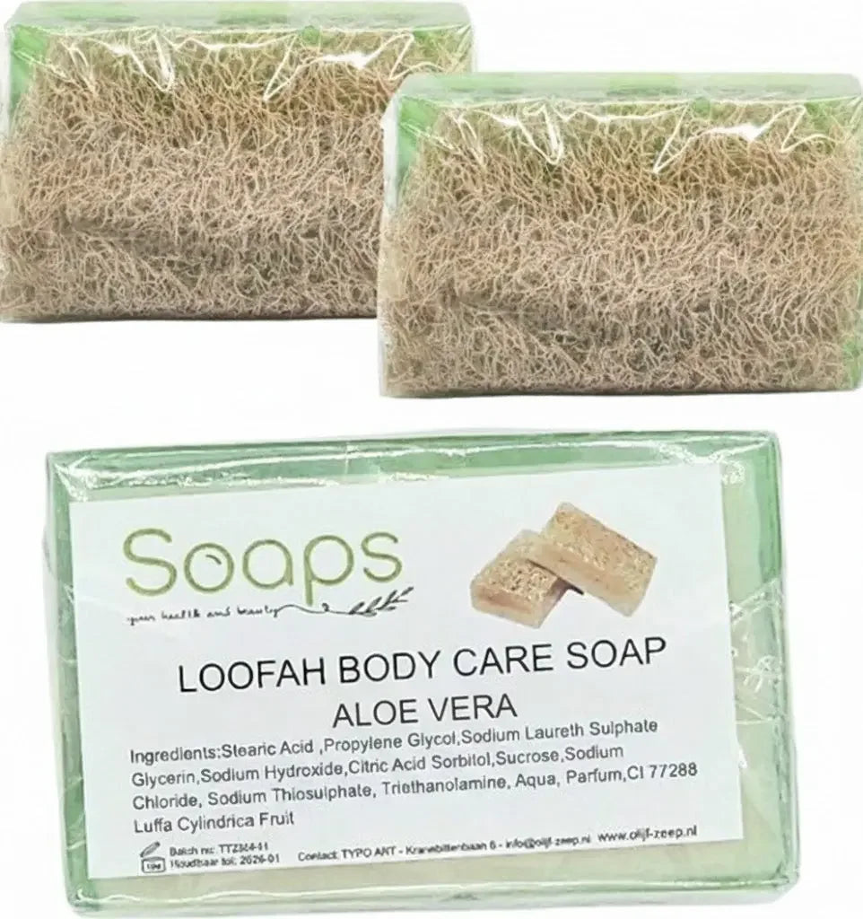 2x Loofah Zeep met Pompoenvezel – Aloe Vera Olijfzeep.com